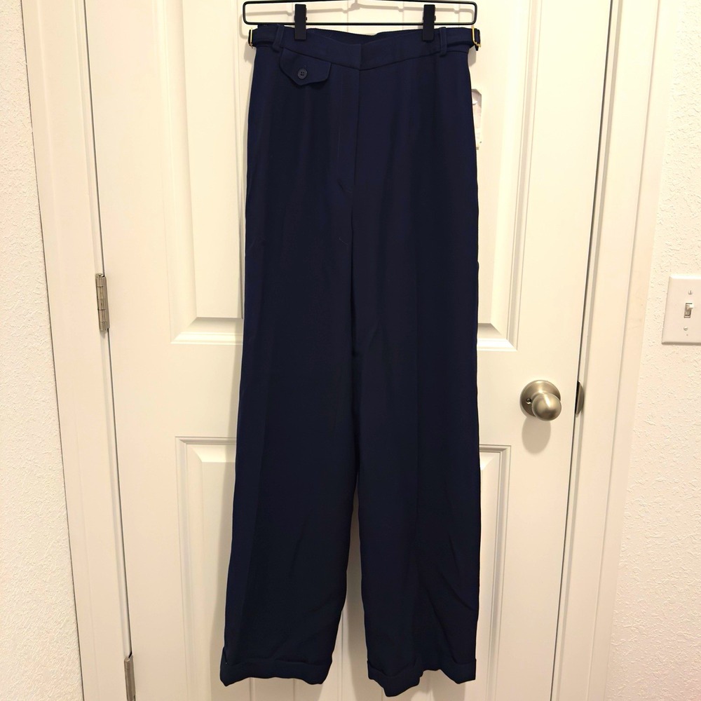 Lauren Ralph Lauren Womens Navy Wool Spandex Twill Pleated Wide-Leg Pants 4